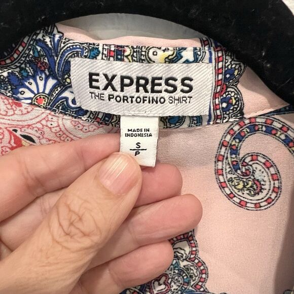 Express Pink Paisley Portofino Shirt Button Down Size S Roll Tab Sleeves - Picture 3 of 8